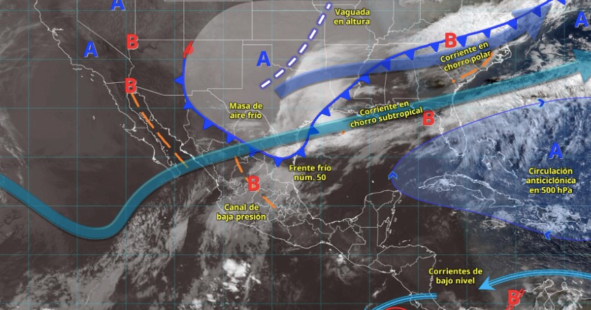 Imagen satelital de México indicando los sistemas meteorológicos activos