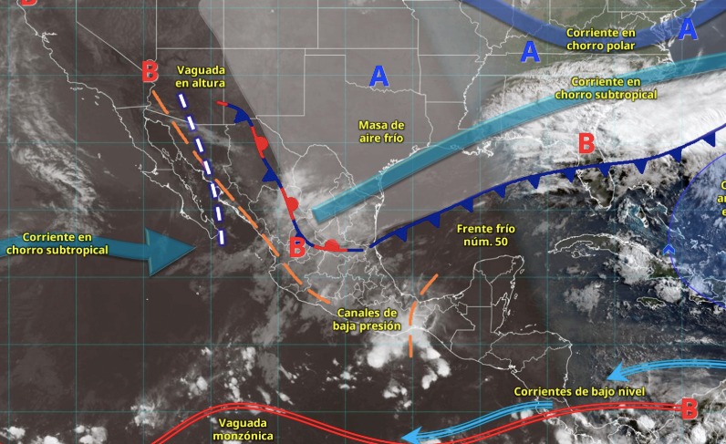 Imagen satelital de México indicando los sistemas meteorológicos activos con líneas y flechas