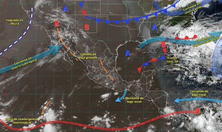 Imagen satelital de México indicando los sistemas meteorológicos activos con líneas y flechas