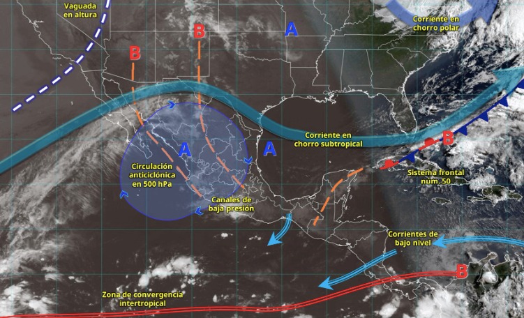 Imagen satelital de México indicando los sistemas meteorológicos activos con líneas y flechas