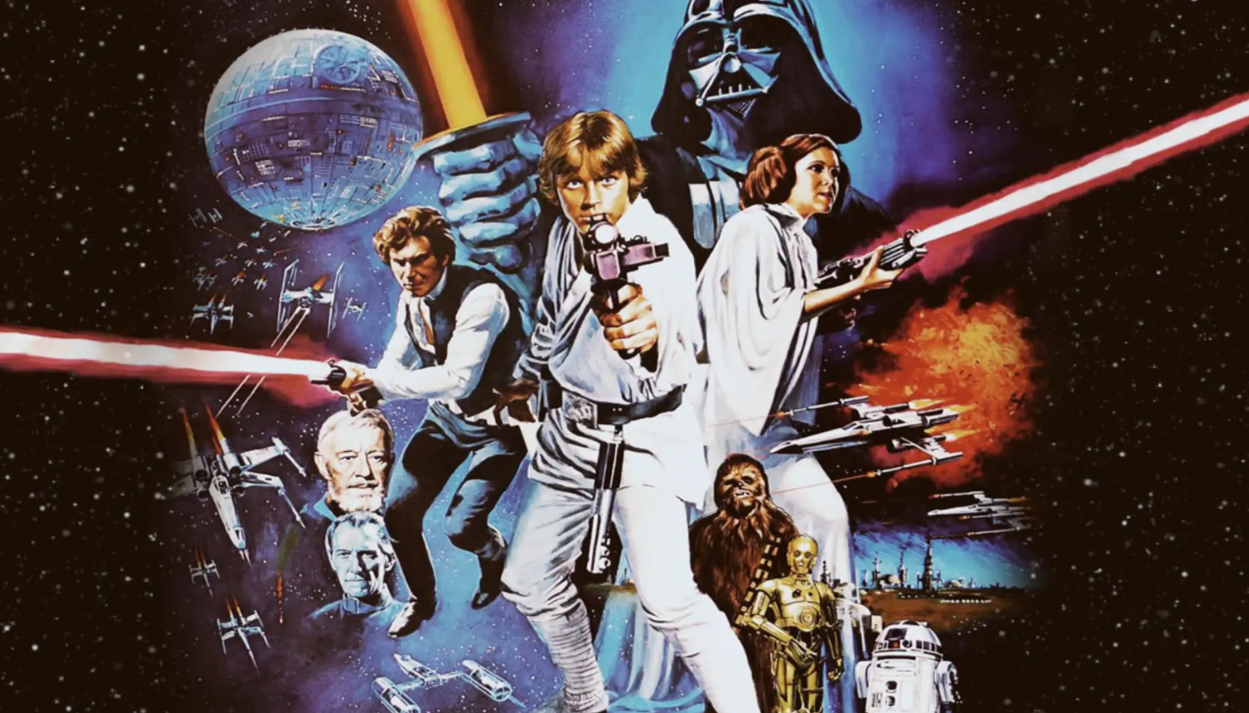 personajes de la primera película de la saga de Star Wars Han Solo, Chewbacca, una princesa Leia Organa y el villano Darth Vader.