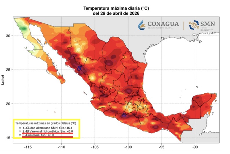 Mapa de México con colores amarillo, rojo, naranja indicando las temperaturas máximas