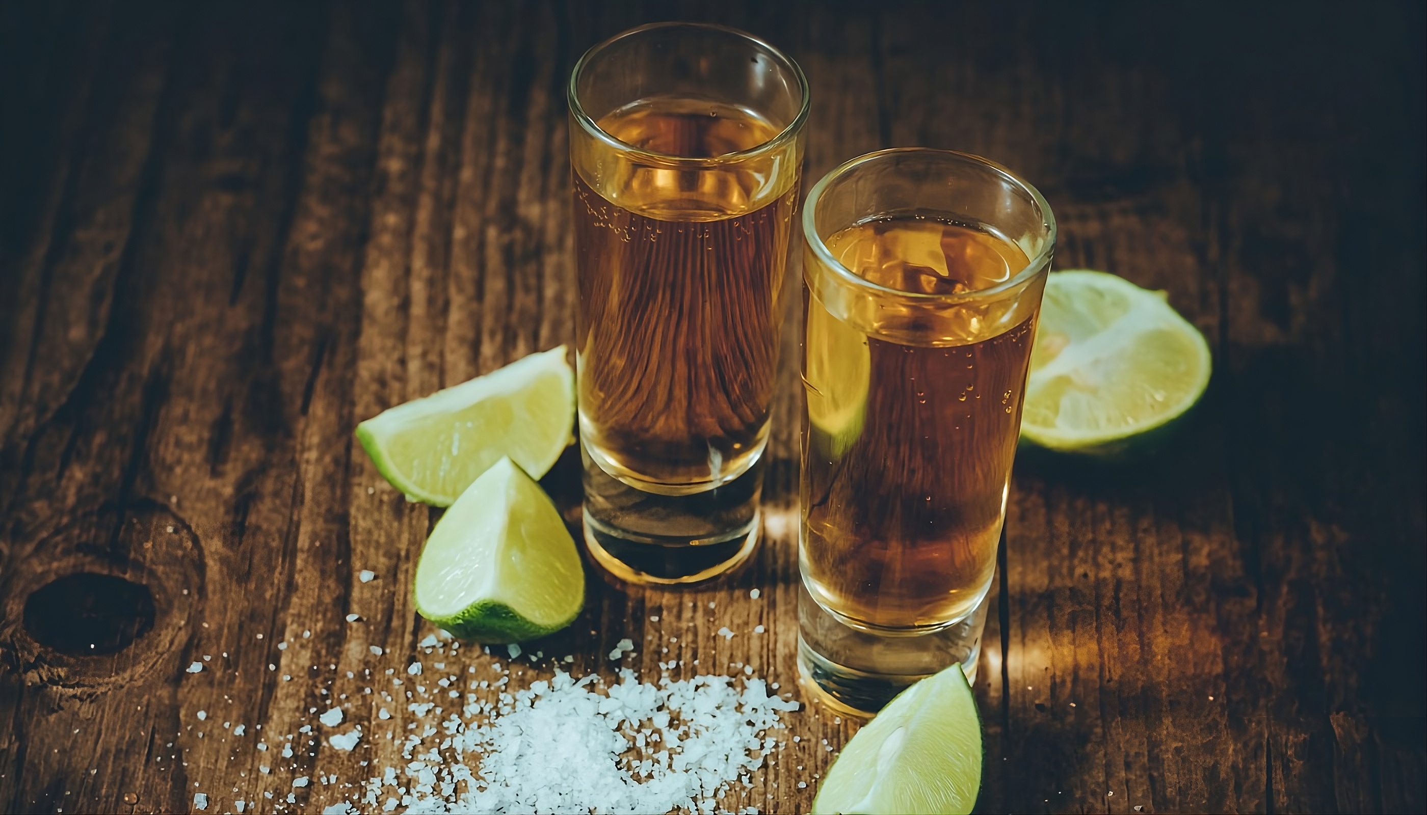 Caballitos con tequila y limones y sal en la mesa