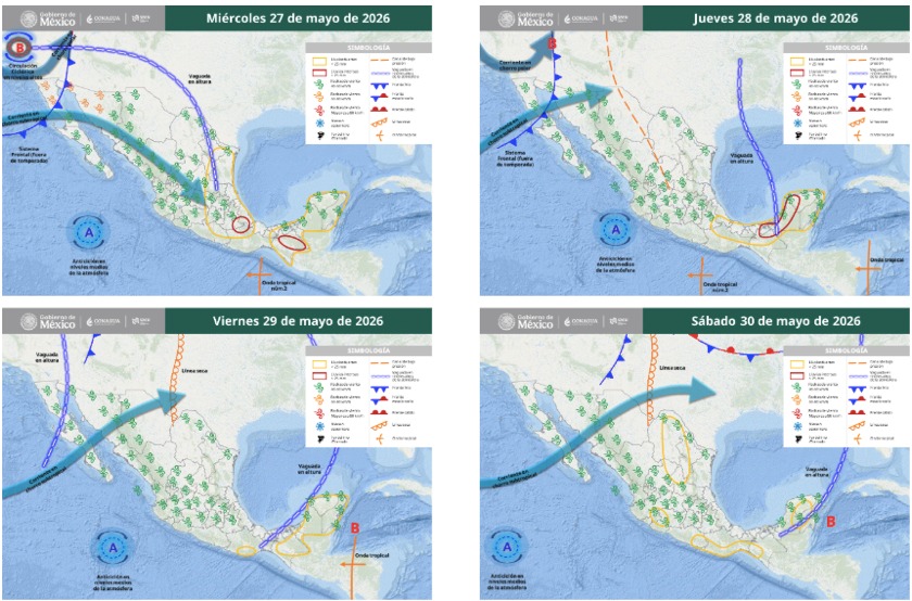 Mapas de México con flechas, líneas e íconos de viento indicando la probabilidad de tormentas en el país