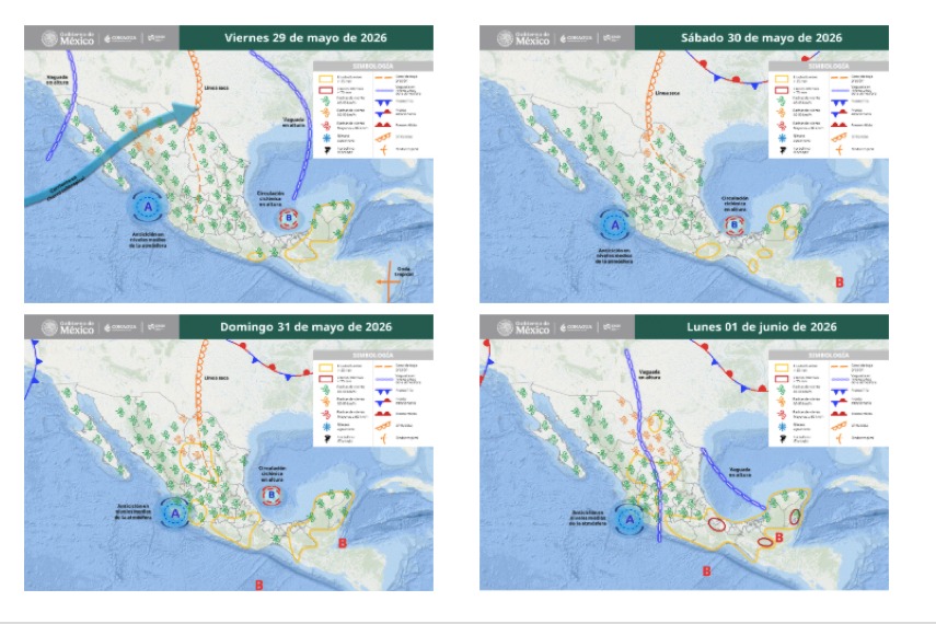 Mapas de México con flechas, líneas e íconos de viento indicando la probabilidad de tormentas en el país