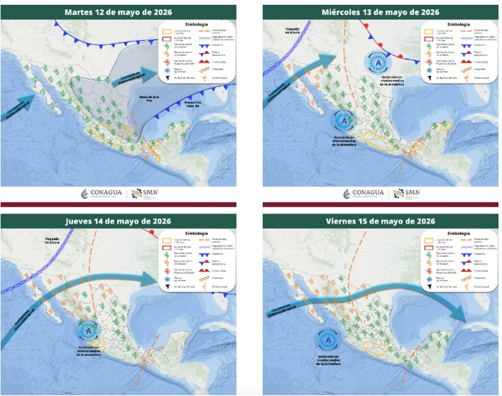Mapas de México con flechas, líneas e íconos de viento indicando la probabilidad de tormentas en el país