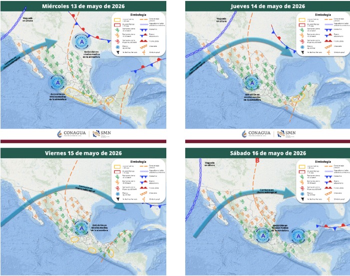 Mapas de México con flechas, líneas e íconos de viento indicando la probabilidad de tormentas en el país