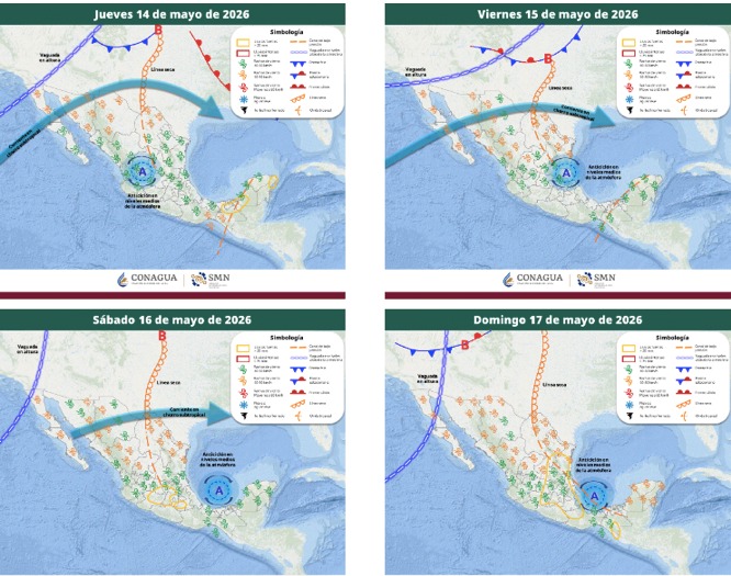 Mapas de México con flechas, líneas e íconos de viento indicando la probabilidad de tormentas en el país