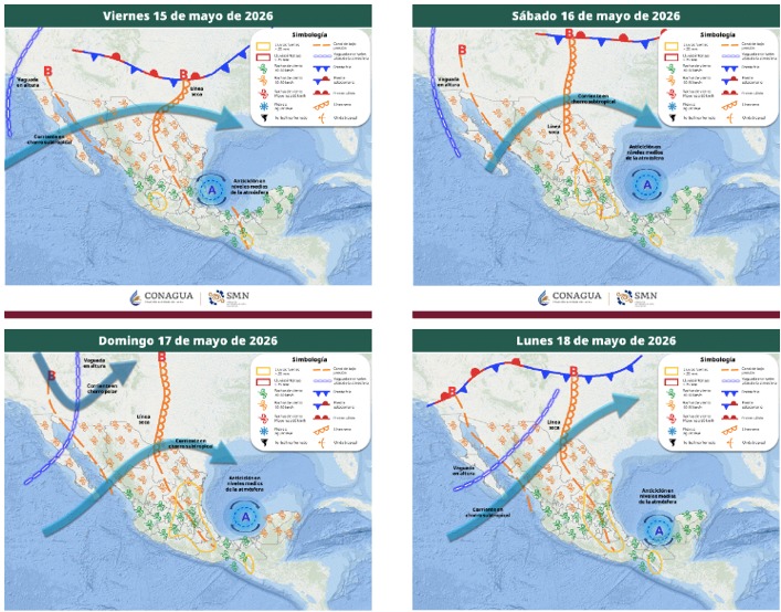 Imagen satelital de México que representa la probabilidad de tormentas con flechas y líneas