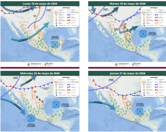 Mapas de México con flechas, líneas e íconos de viento indicando la probabilidad de tormentas en el país