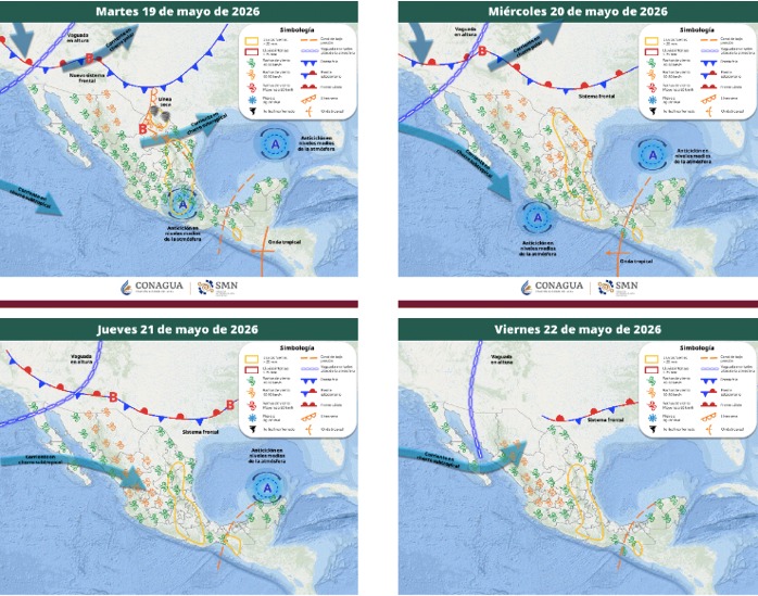 Mapas de México con flechas, líneas e íconos de viento indicando la probabilidad de tormentas en el país