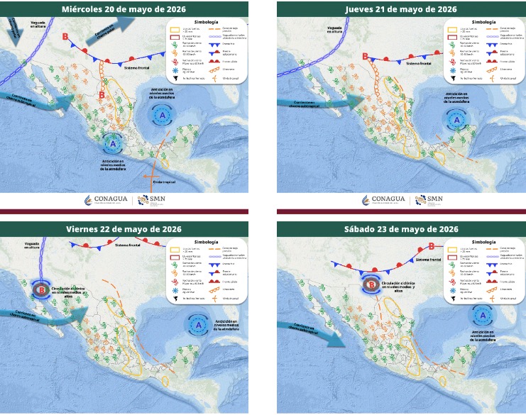 Mapas de México con flechas, líneas e íconos de viento indicando la probabilidad de tormentas en el país
