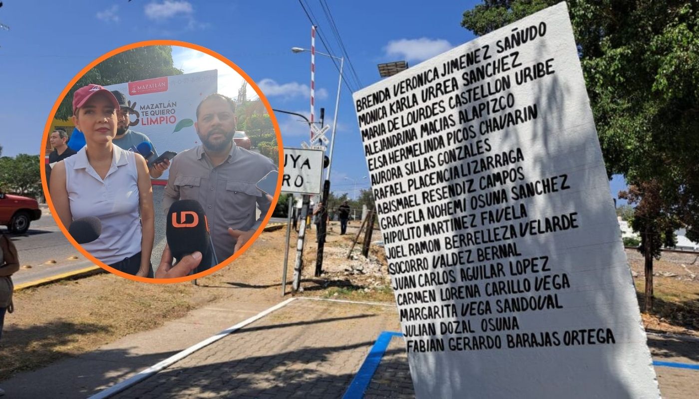 Monumento cerca de unas vías y en un círculo la alcaldesa de Mazatlán Estrella Palacios y otra persona