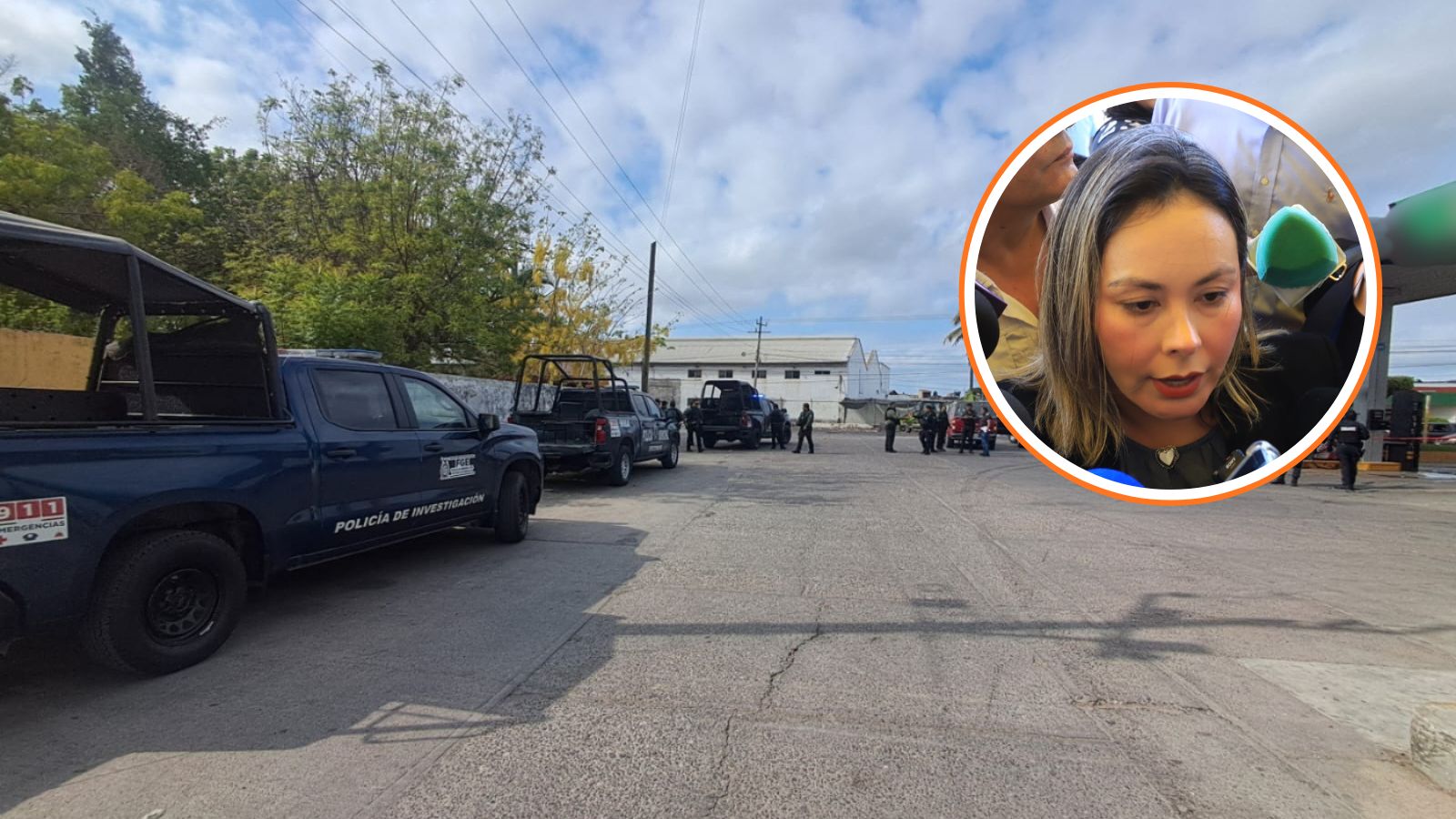 Patrullas en una gasolinera y en un círculo la gobernadora de Sinaloa, Yeraldine Bonilla
