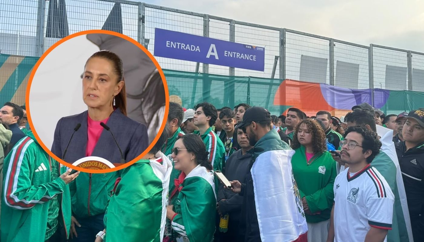 Aficionados afuera del Estadio Azteca junto a Claudia Sheinbaum en un circulo