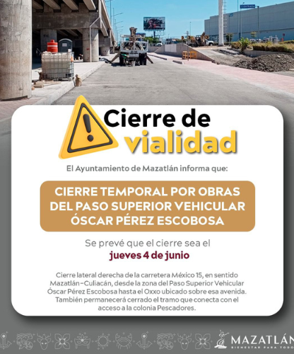 Aviso del SICT sobre cierre del carril lateral derecho de la México 15