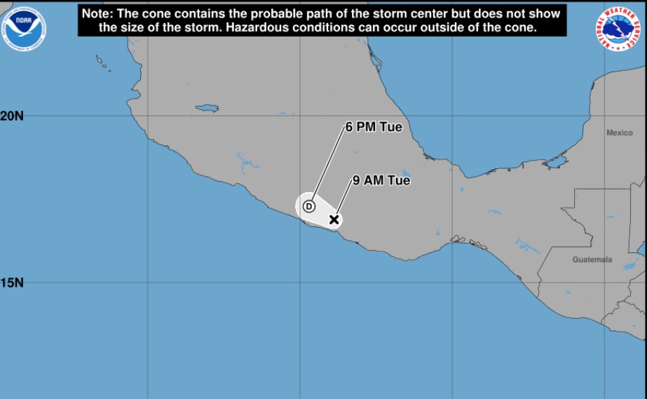 Mapa del sur de México indicando una zona donde se encuentra una formación ciclónica