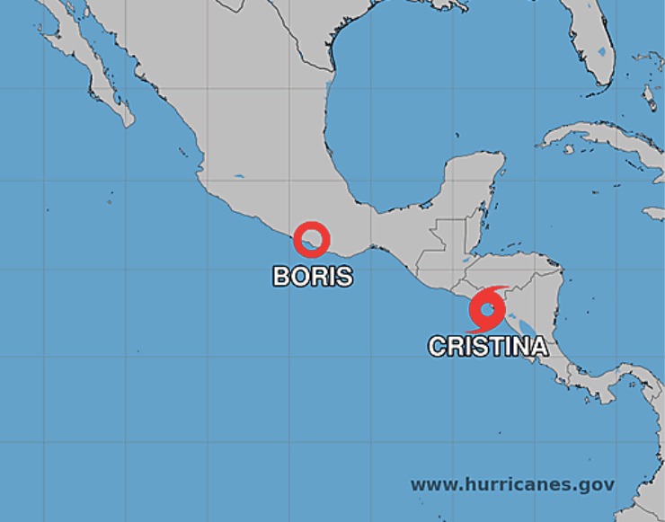 Mapa de México con dos zonas señaladas en rojo en el Pacífico, indicando los sistemas ciclonicos Boris y Cristina