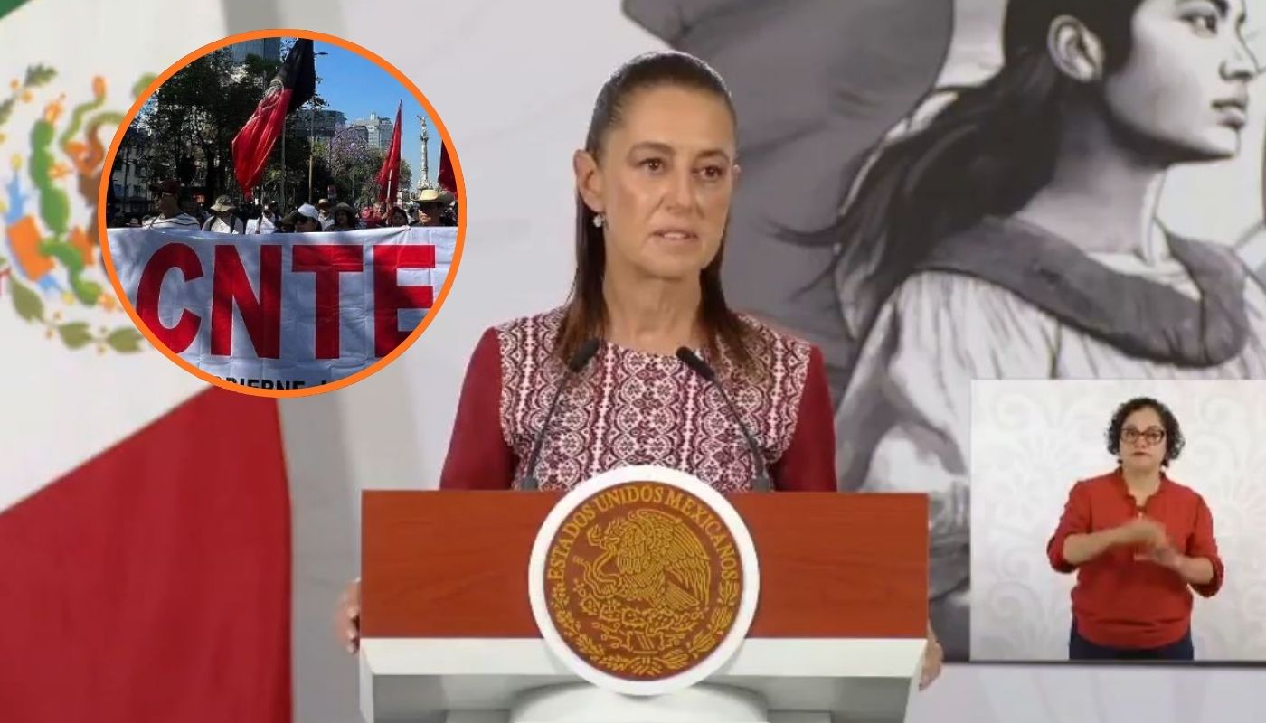 Claudia Sheinbaum junto a un circulo con manifestantes de la CNTE