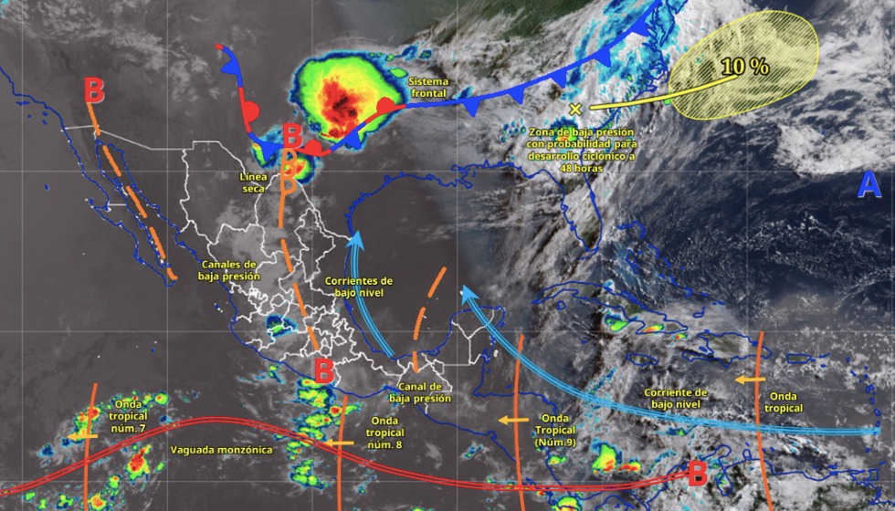 Imagen satelital de México indicando los sistemas meteorológicos activos con líneas y flechas
