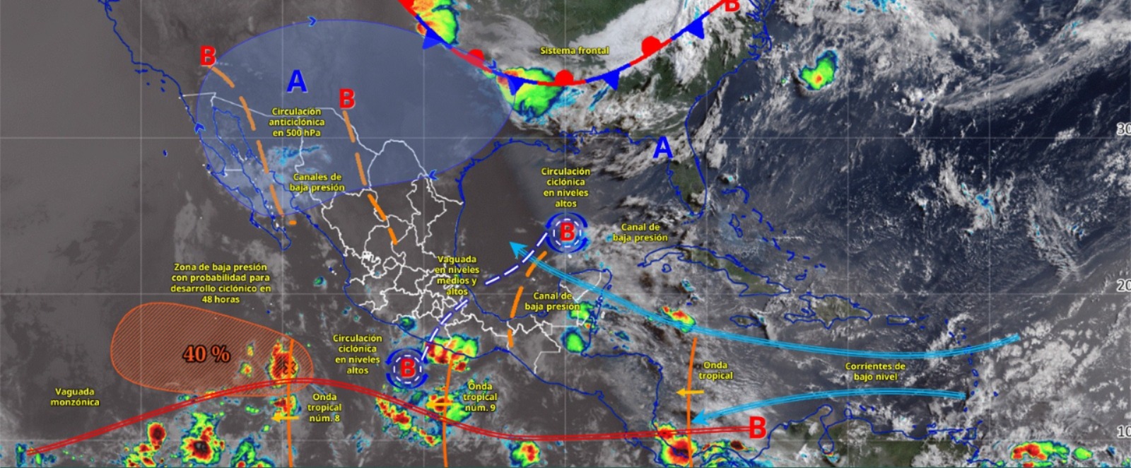 Imagen satelital de México indicando los sistemas meteorológicos activos con líneas y flechas
