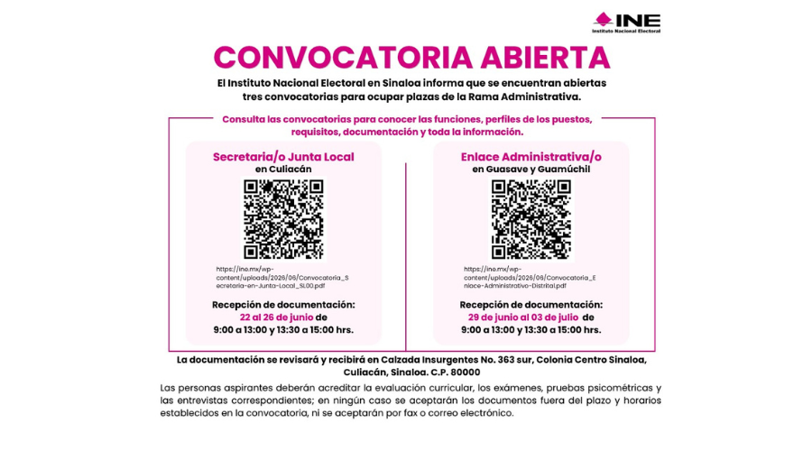Convocatoria INE de plazas administrativas en Sinaloa