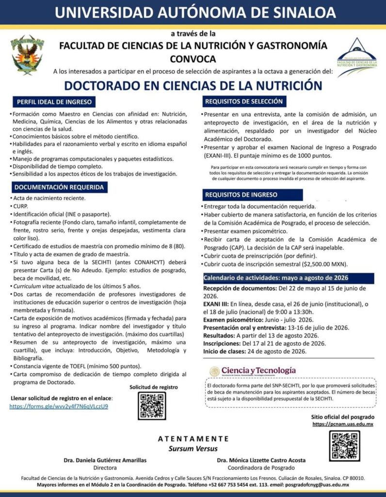Imagen informativa de convocatoria de Doctorado en Ciencias de la Nutrición de la UAS 