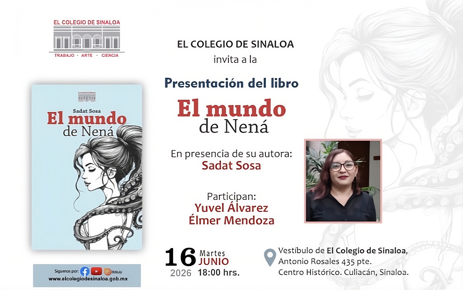 Flyer de evento de presentación de una novela con la fotografía de la escritora