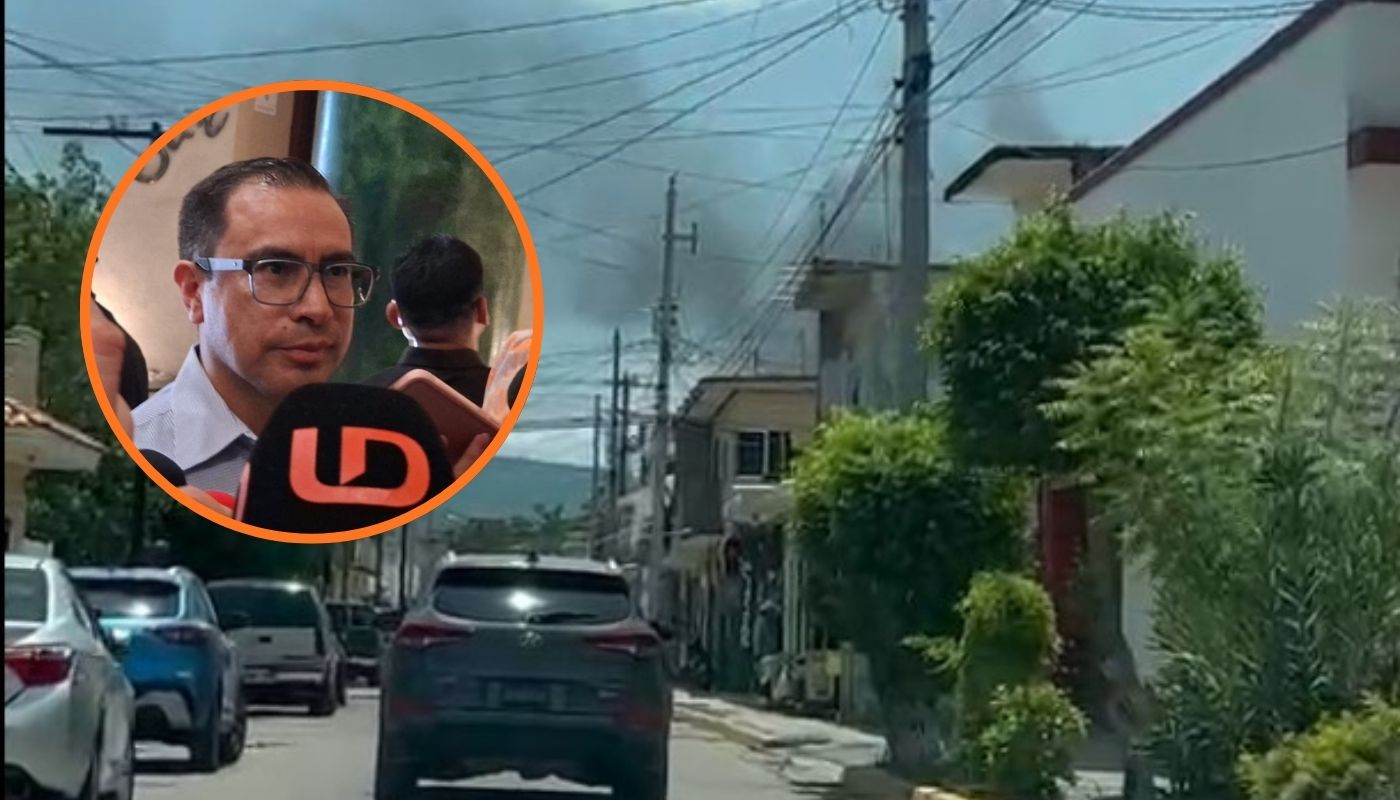 Sinuhé Téllez López, y de fondo un carro en una calle y una nube de humo negro saliendo a lo lejos