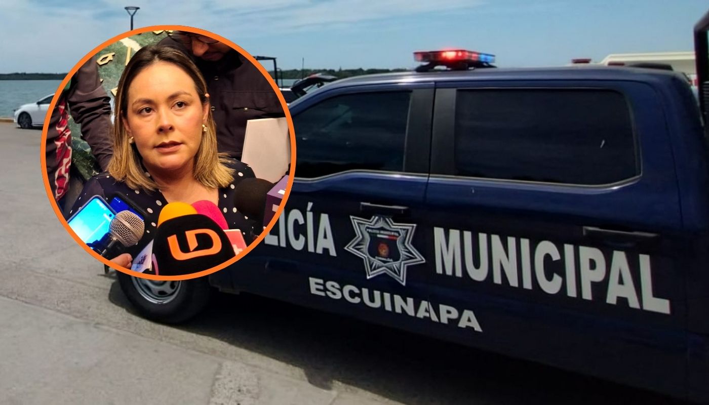 Patrullas de Escuinapa en una calle y en un círculo la gobernadora de Sinaloa, Yeraldine Bonilla