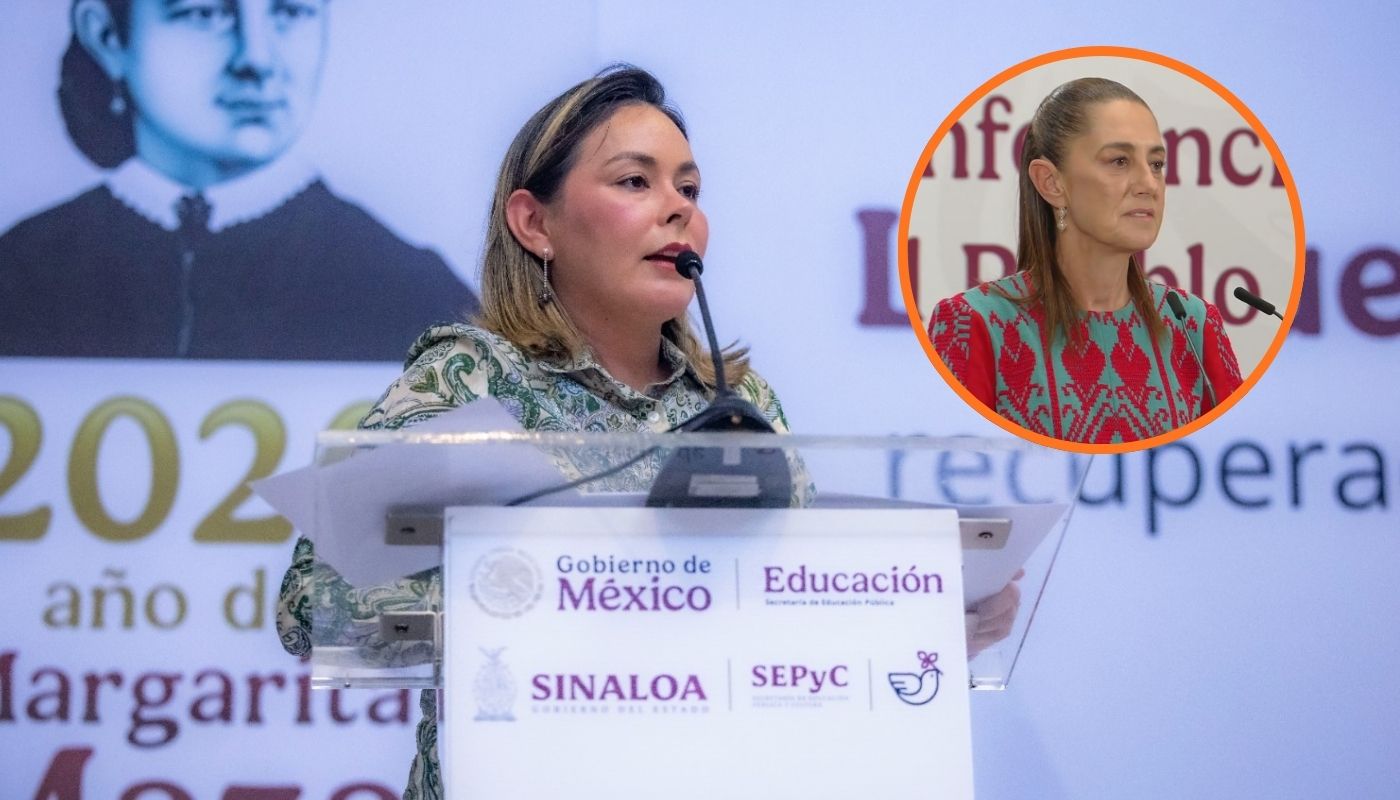Yeraldine Bonilla en un atril con micrófono junto a un circulo con Claudia Sheinbaum