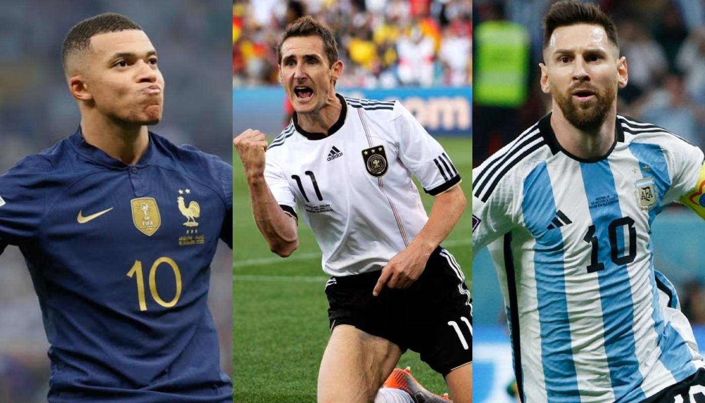 Kyian Mbappé junto a Miroslav Klose y Lionel Messi