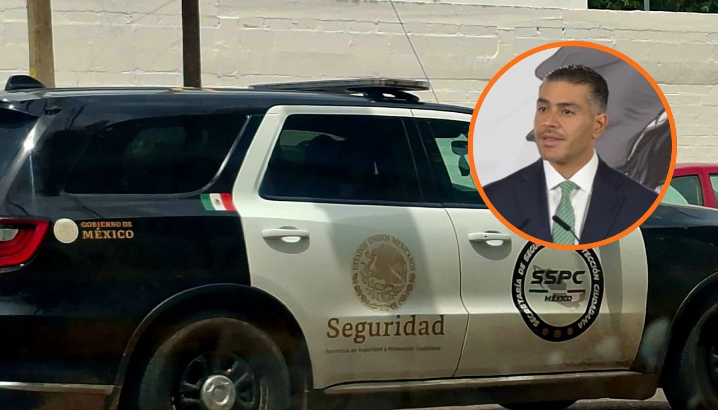 Camioneta de la SSPC junto a un circulo con Harfuch