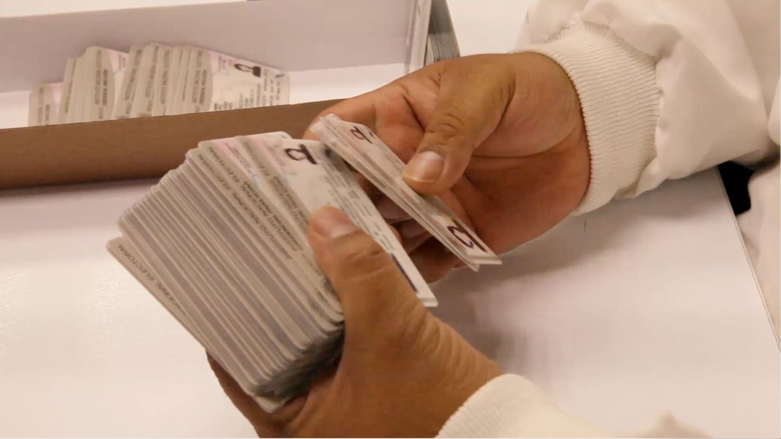 Manos con mangas blancas y credenciales