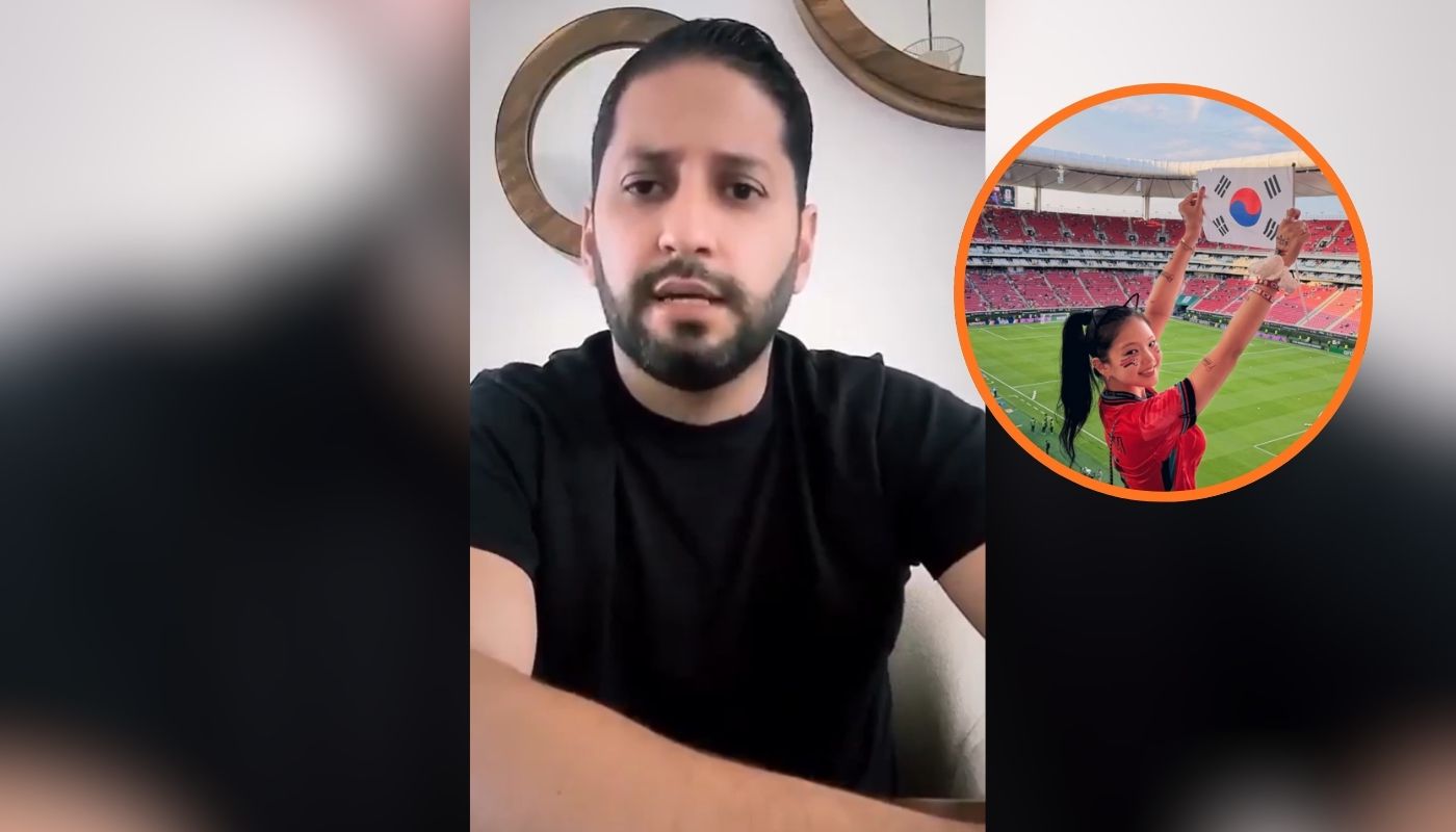 Persona con playera negra, identificado como Ulises Bernal y en un círculo la influencer Ino Cat en un estadio de futbol
