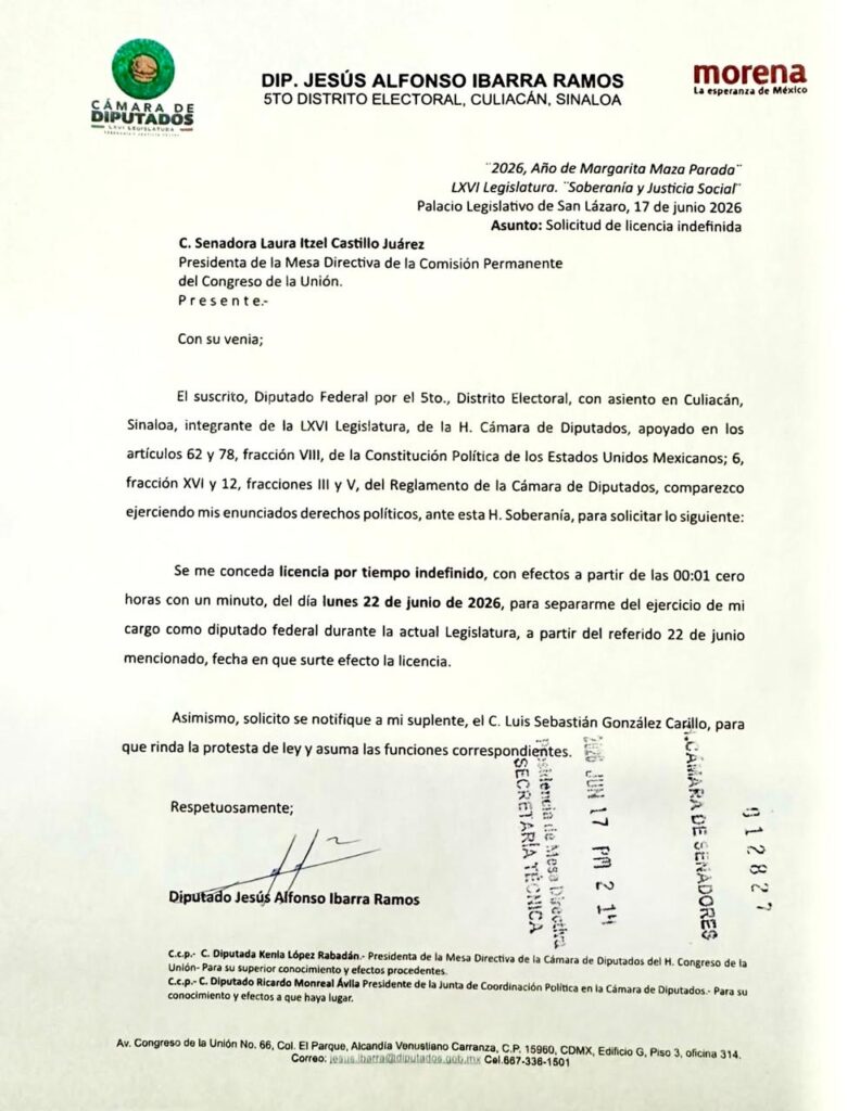 Solicitud de licencia indefinida de Jesús Ibarra.