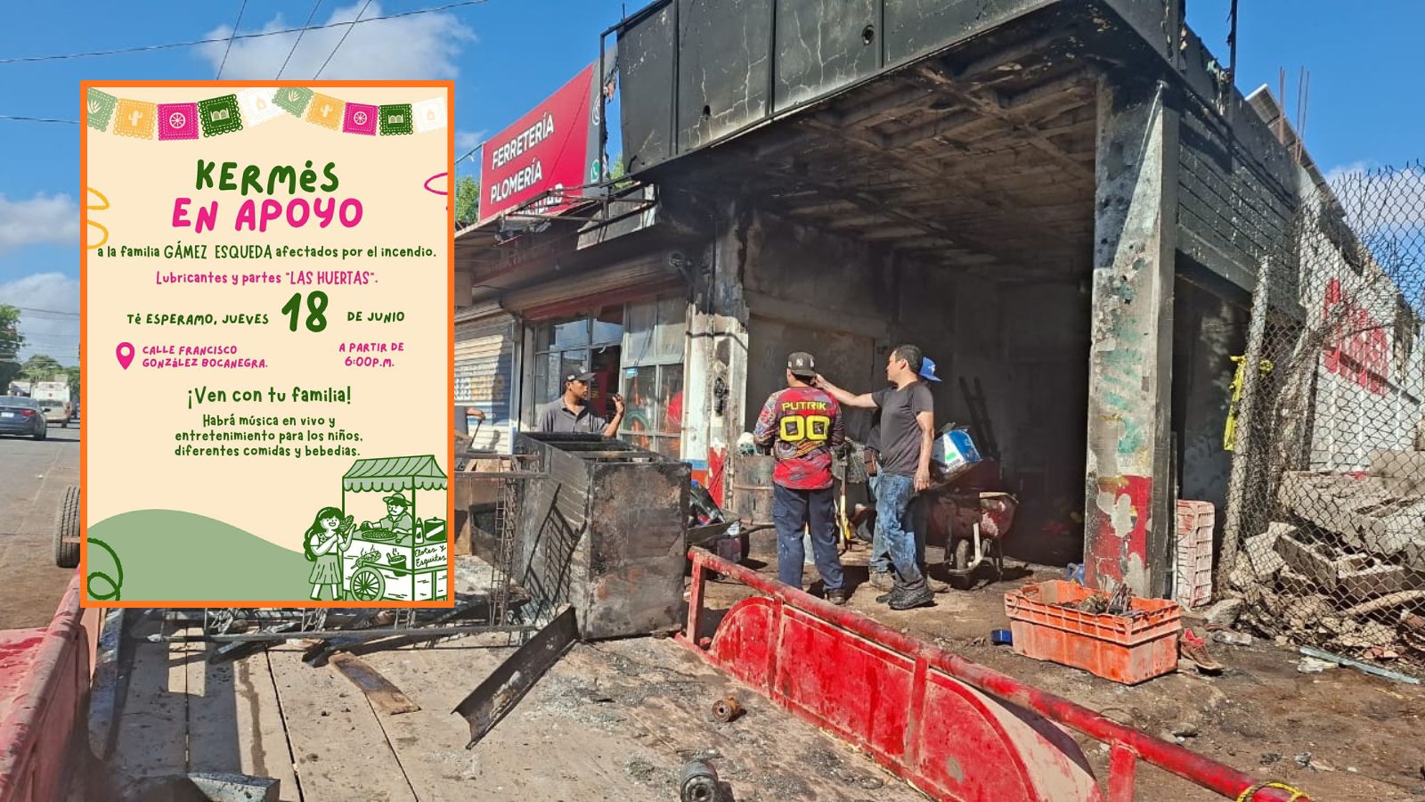 Establecimiento incendiado y en recuadro un flyer de una kermés