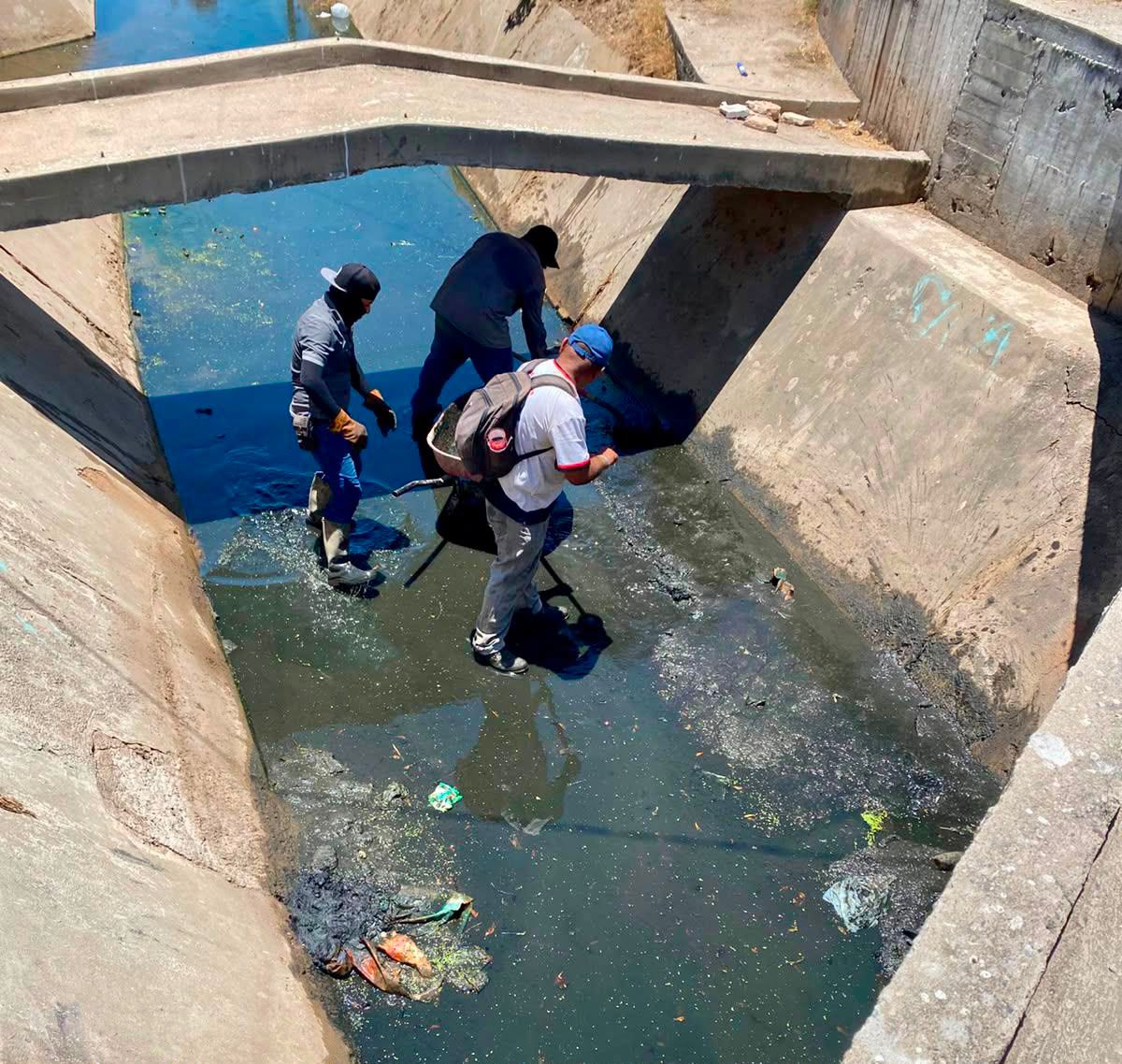 Trabajadores durante la limpieza de un canal en Mazatlán.