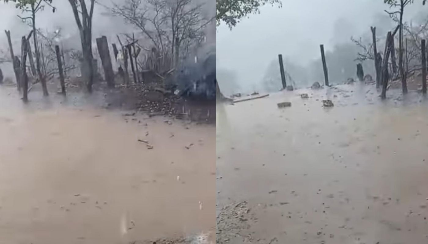 Sierra con gua y lluvia entre árboles