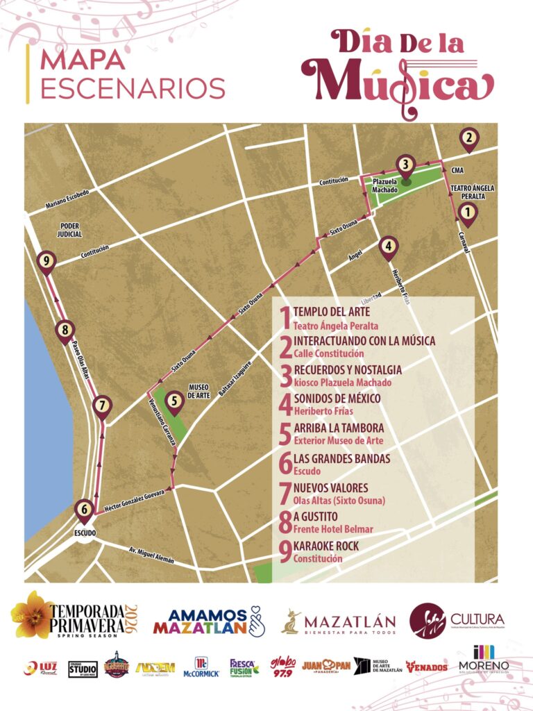 Mapa de escenarios del Día de la Música en Mazatlán