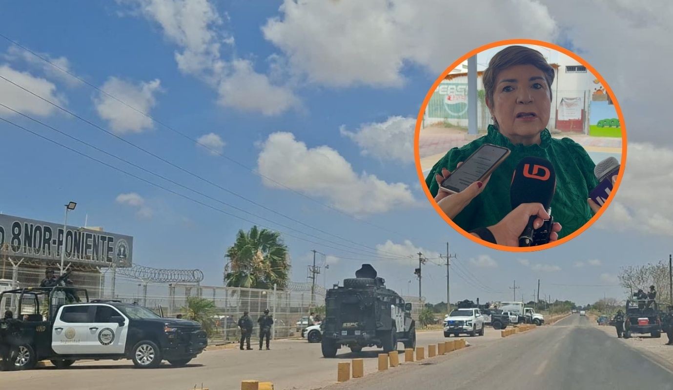Patrullas en una calle y en un círculo la alcaldesa de Guasave, Cecilia Ramírez