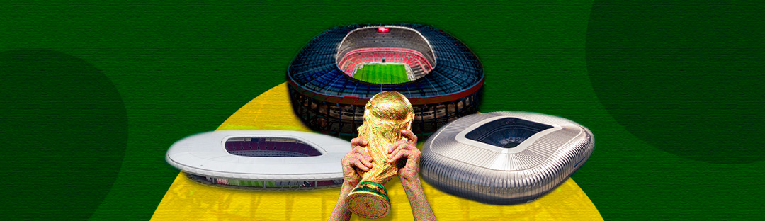 Fondo verde con amarillo con la copa del mundo y tres estadios