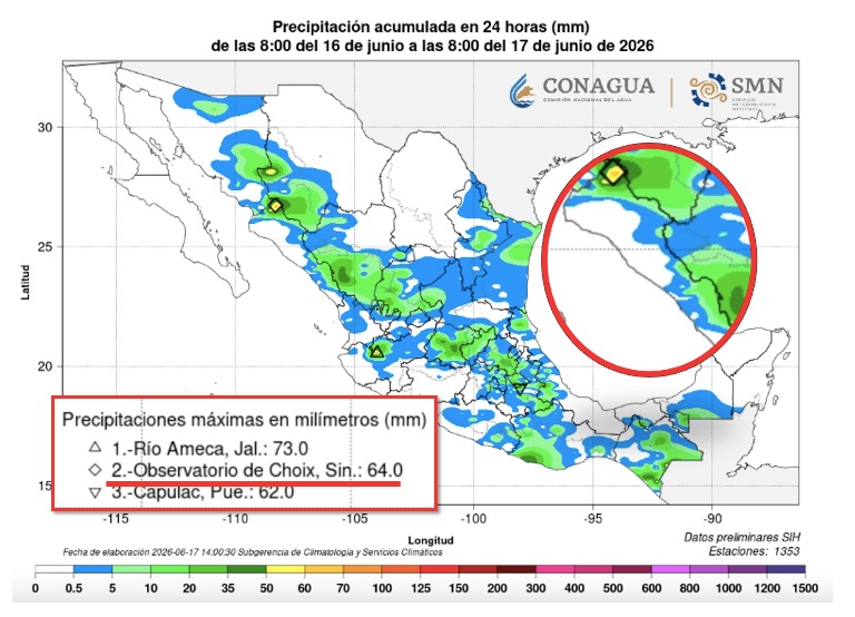 Mapa de México con colores verde y azul indicando los acumulados de lluvias