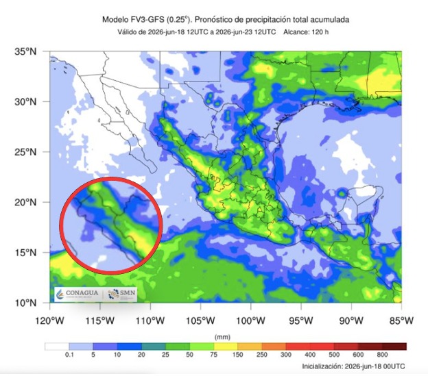 Imagen satelital de México que representa lluvias con colores verdes y azules que indica pronóstico de precipitaciones