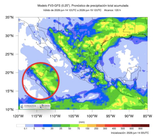 Imagen satelital de México que representa lluvias con colores verdes y azules que indica pronóstico de precipitaciones