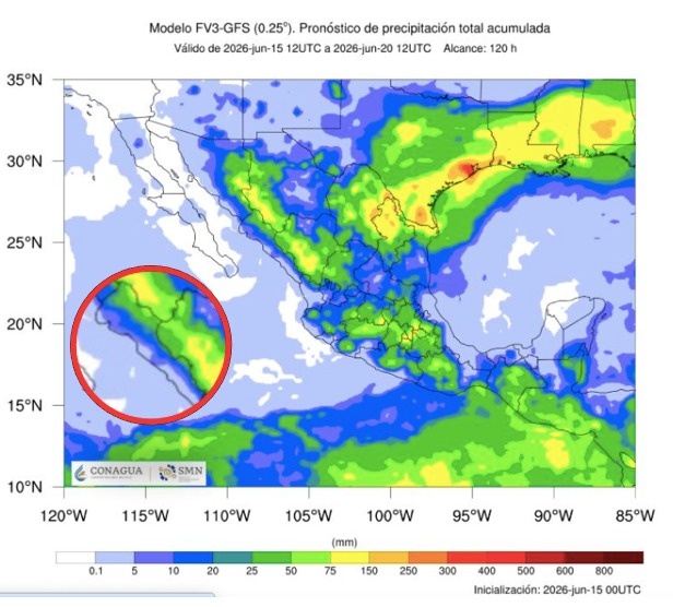 Imagen satelital de México que representa lluvias con colores verdes y azules que indica pronóstico de precipitaciones