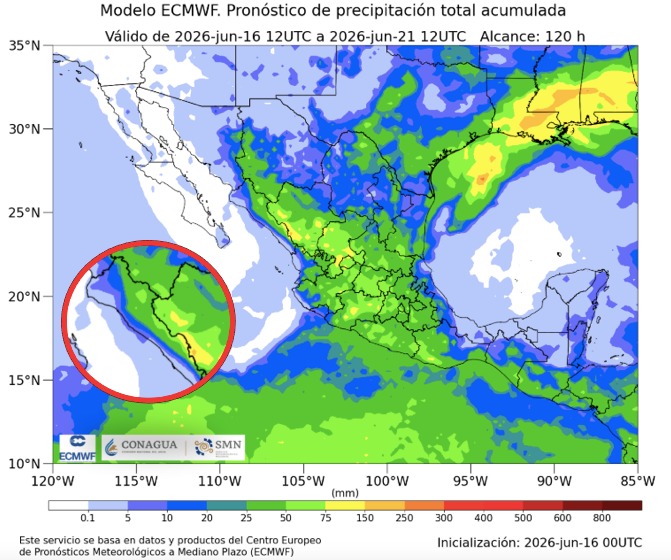 Imagen satelital de México que representa lluvias con colores verdes y azules que indica pronóstico de precipitaciones