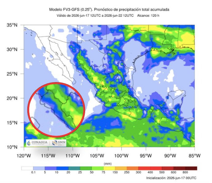 Imagen satelital de México que representa lluvias con colores verdes y azules que indica pronóstico de precipitaciones