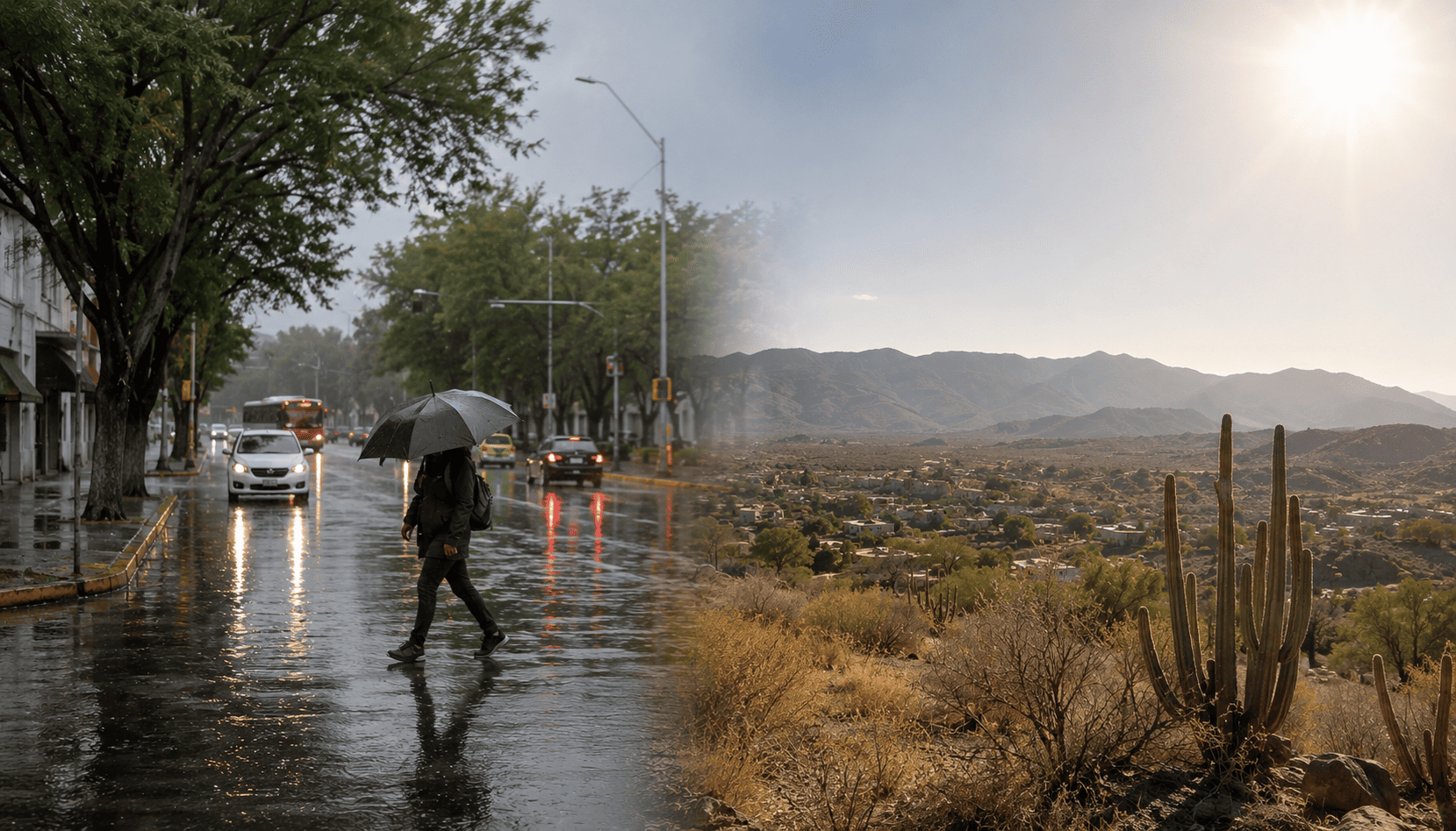 Imagen compuesta que muestra una calle bajo la lluvia en una ciudad y, al lado, un paisaje árido y soleado representando la persistencia de la onda de calor en el noroeste de México.