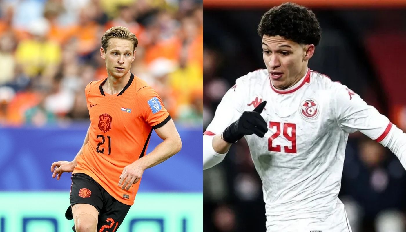 Frenkie De Jong junto a un jugador de Túnez